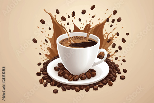 Roasted coffee beans splashing in delicious coffee, cut out