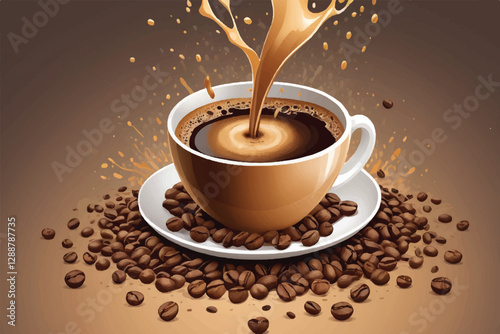 Roasted coffee beans splashing in delicious coffee, cut out