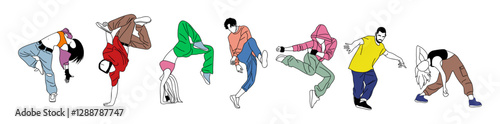 Set of teenager dancers hip hop, breakdance outline vector drawing isolated on white background. Young cool girl and boy dancing street dance in bright clothes. Korean japanese asian cartoon style.