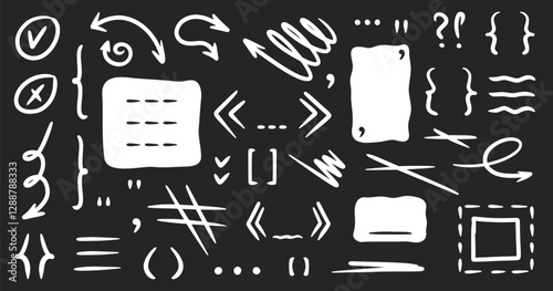 Doodle shapes, text box, parenthesis, brackets, punctuation mark, comma, squiggle arrow, lines, rectangle frames for social media. Black abstract isolated design elements. Speech bubble blobs for