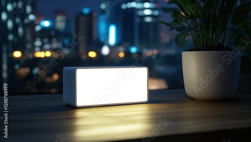 A sleek, modern home hub device with LED lights glowing in the dark room