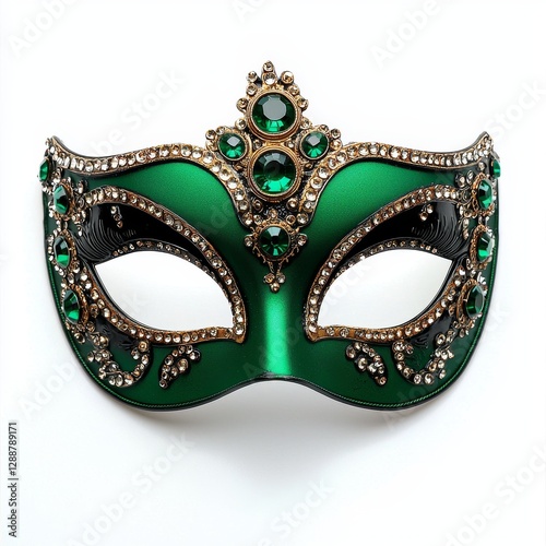 A decorative green masquerade mask adorned with jewels, perfect for events or celebrations, showcasing intricate designs and vibrant colors.