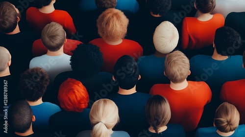 Overhead View of a Diverse Crowd Wearing Red and Blue, Symbolizing Unity, Teamwork, Social Connection, and Digital Communication
