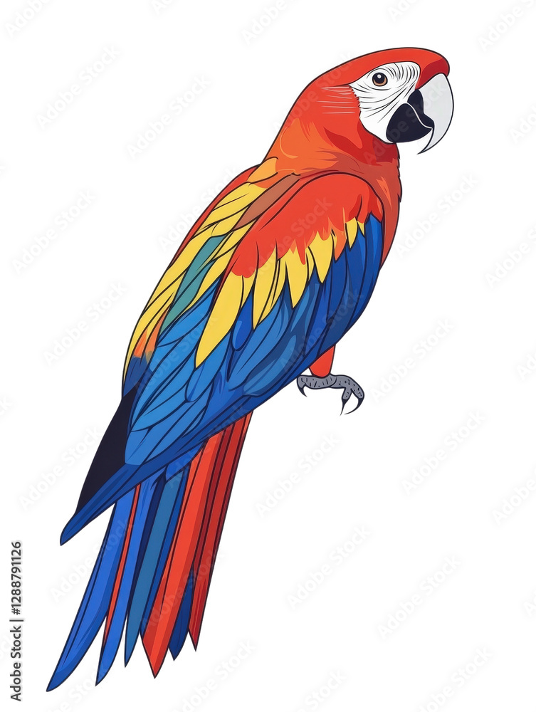 Fototapeta premium Colorful parrot perched on a branch in a tropical environment with green foliage and bright colors isolated on transparent background.