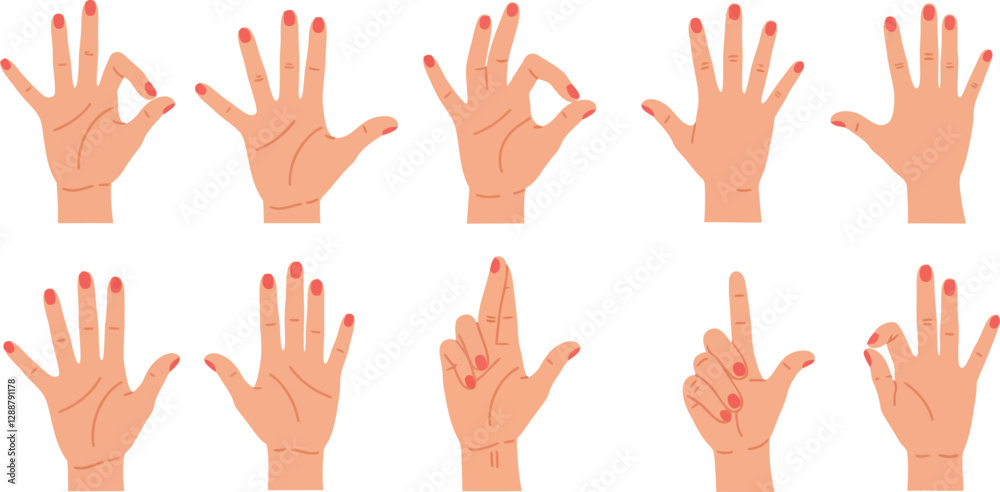 Various hand gestures displayed in a grid format illustrating different meanings and expressions Various hand gestures displayed in a grid format illustrating different meanings and expressions
