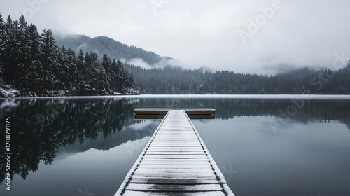 Snow - covered wooden dock extending into a calm lake surrounded by snow - laden forests and mist - shrouded mountains, creating a serene winter landscape. photo