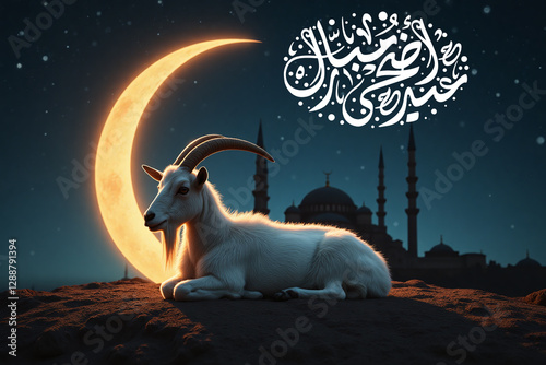 A Beautiful Sacrifice Animal Goat with Crescent Moon Eid Al-Adha Mubarak Arabic Calligraphy