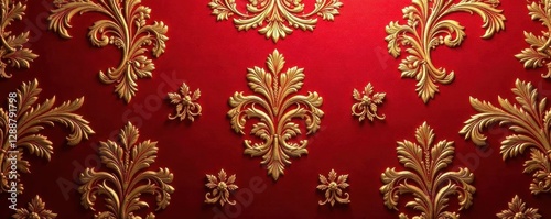 Luxurious ruby red & gold Baroque brocade wallpaper  Intricate detailing, subtly distressed , gilded, wallpaper, sophisticated