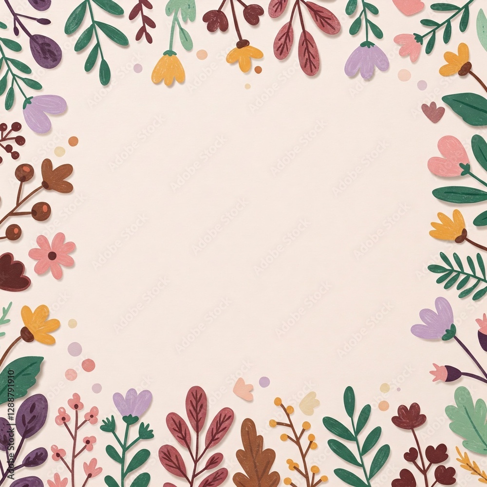 Fototapeta premium Floral Illustration with Colorful Leaves and Blossoms Creating a Frame on Blank Background for Invitations and Cards Design
