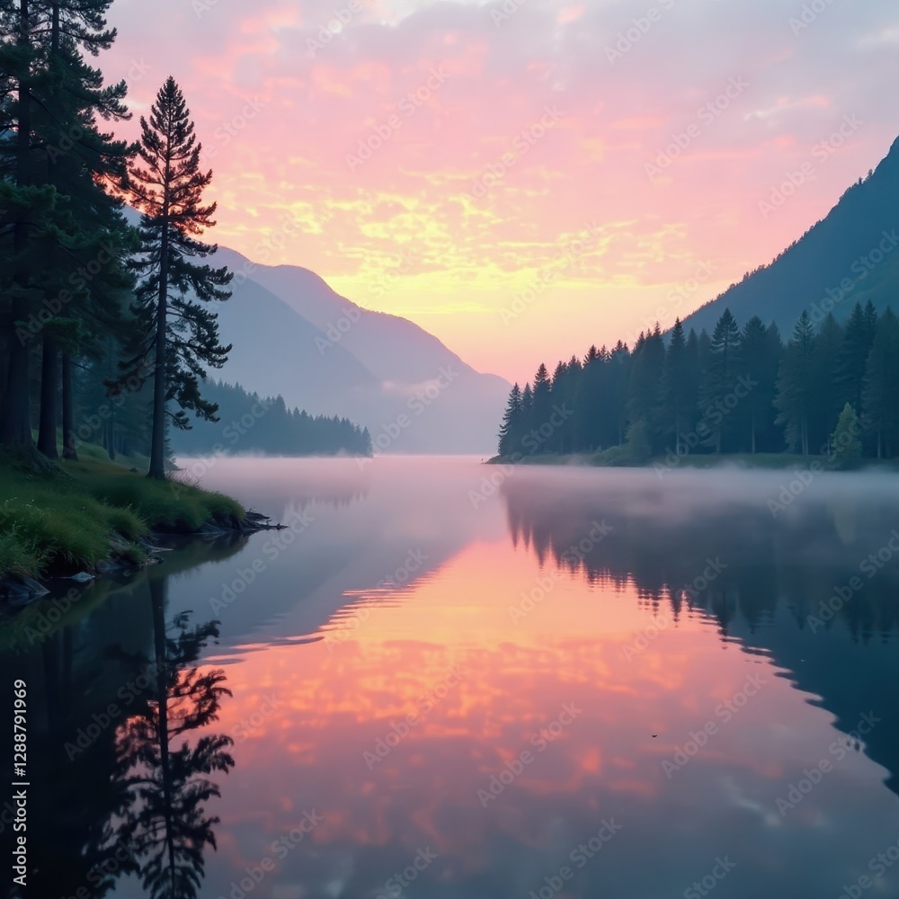 Fototapeta premium Pastel sunrise colors softly illuminate calm lake, mist hangs low, beautiful, gentle