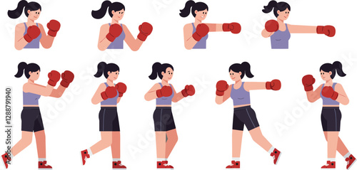 Animated sequence of a woman boxing with various movements and stances in action