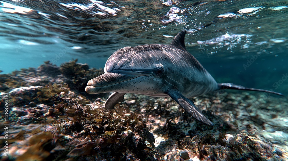 Fototapeta premium Undercover dolphin reporter investigates ocean life coral reefs nature documentary underwater environmental awareness