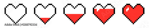 Pixelated heart life bar in four stages, Pixelated heart life bar with decreasing health, 8-bit, retro games, pixel art.