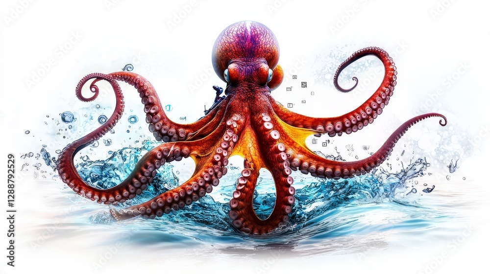 Obraz premium Giant octopus conducting scientific exploration underwater ocean digital art marine environment close-up viewpoint