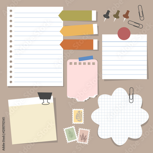 Set of vintage paper notes with sticky tapes, element for decorating journal, notebook or diary. vector, illustration design.