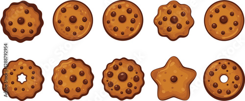 Various cookie shapes featuring chocolate chips on a white background