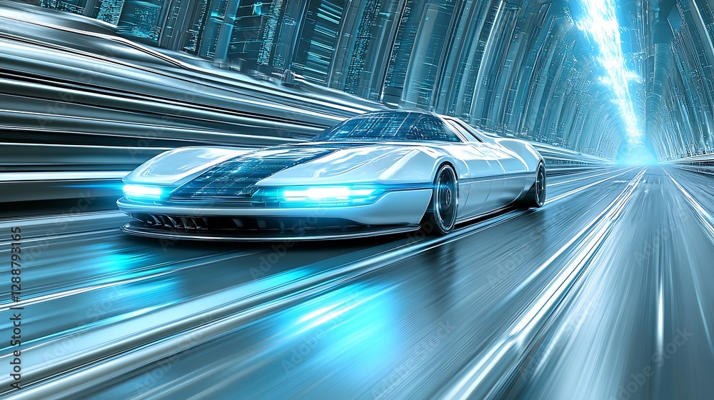 Obraz premium Futuristic car speeding through a futuristic neon lit tunnel