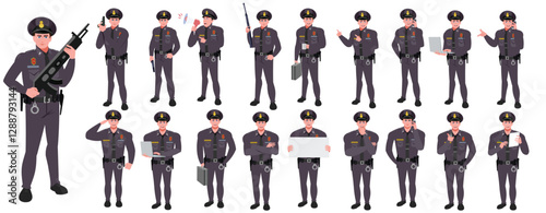Police Officer Character Design Model Sheet. Man, Character design. Front, side, back view and explainer animation poses. Character set with lip sync and Walk cycle animation sequences.