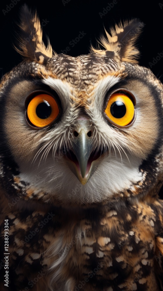 Fototapeta premium A very surprised owl with wide-open eyes and beak 