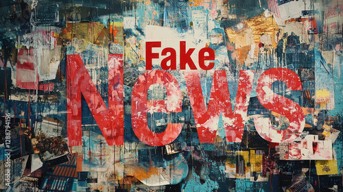 A striking display features the phrase Fake News in bold red over a colorful collage, illustrating the messy and contentious nature of modern media discourse