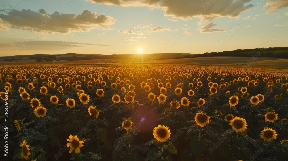 Obraz premium Aerial view over sunflowers field on sunset 