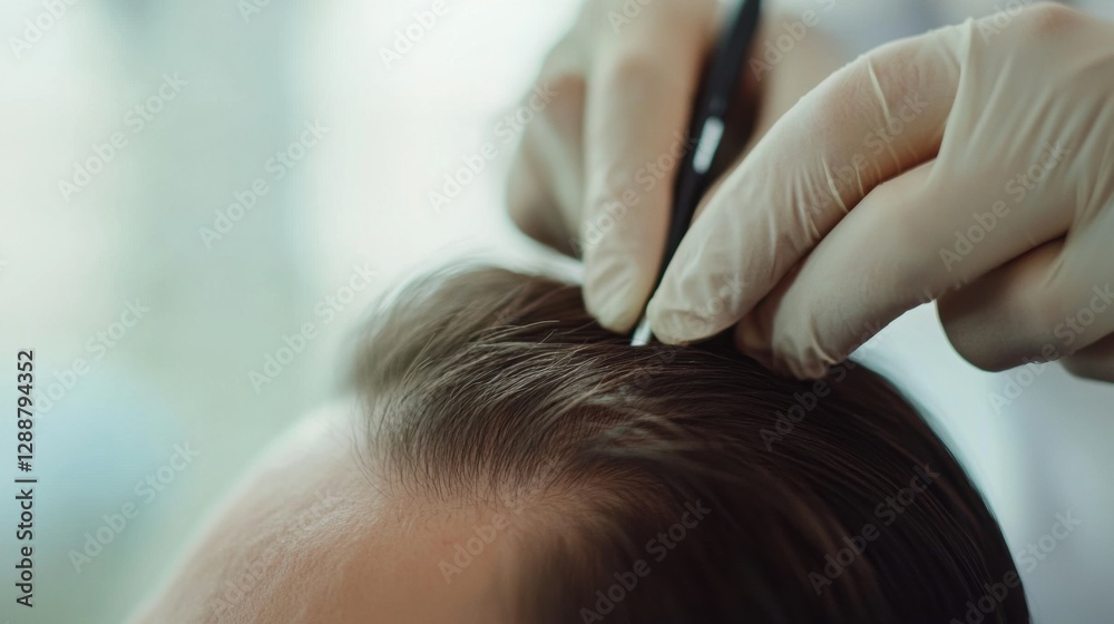Fototapeta premium Hair restoration procedure in a peaceful, modern clinic. Featuring advanced non-invasive regrowth techniques