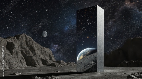 A celestial monolith floats between Earth and the moon, reflecting constellations on its mirrored surface
