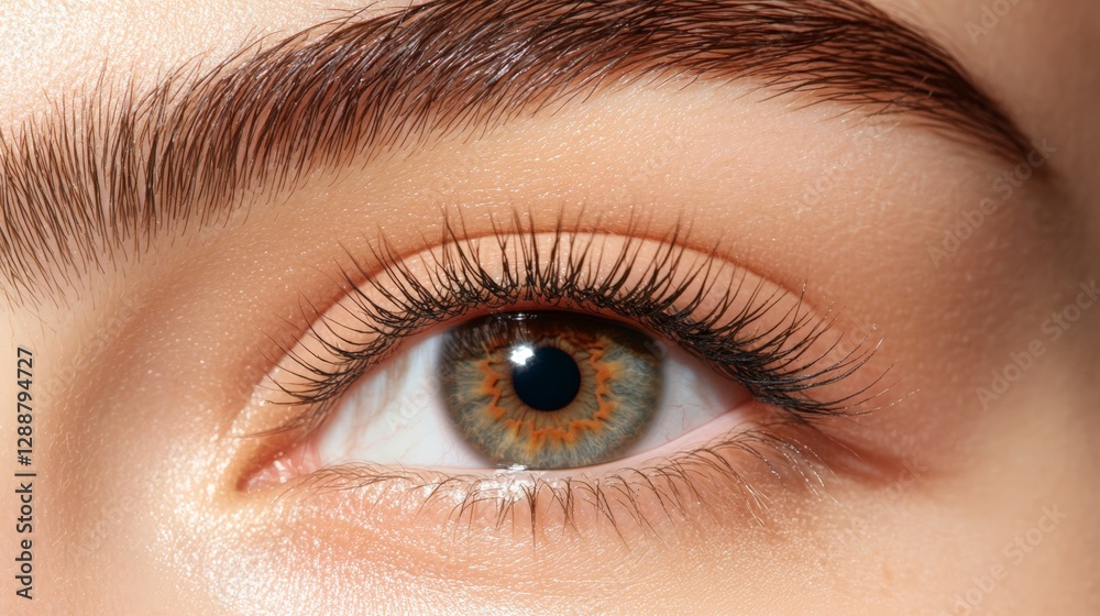 Obraz premium Close up of beautiful female eye with long eyelashes, perfect eyebrow, and flawless skin, highlighting the effectiveness of beauty treatments and cosmetics for enhancing natural features