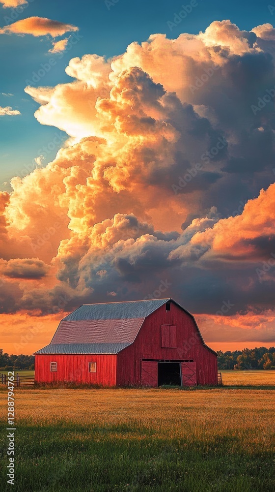 Red barn in countryside field with dramatic sunset clouds, vibrant colors. Rural landscape and serenity concept