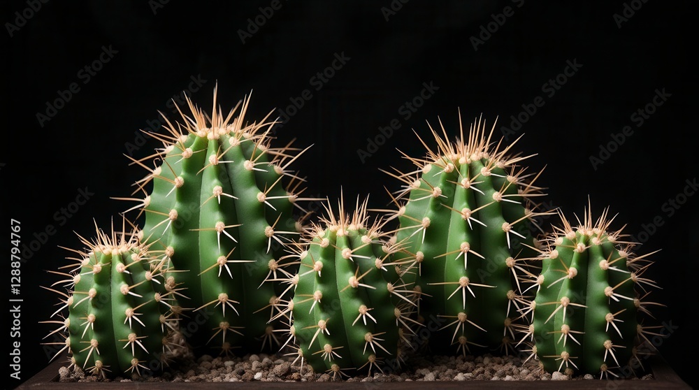 Striking Green Barrel Cacti Growing in Dark Studio Setting Striking Green Barrel Cacti Growing in Dark Studio Setting