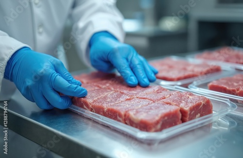 Close-up photo of lab-grown meat samples packed for retail in laboratory. Hands in blue gloves carefully arrange packaged beef pieces. Food tech industry innovation.