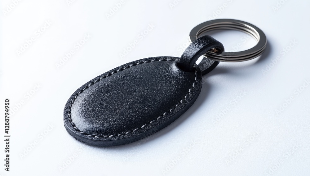 Black leather keychain with an oval shape, isolated on a white background. High-resolution photography. High-quality photo. Stock photo, mockup. Black leather keychain with an oval shape, isolated on a white background. High-resolution photography. High-quality photo. Stock photo, mockup.