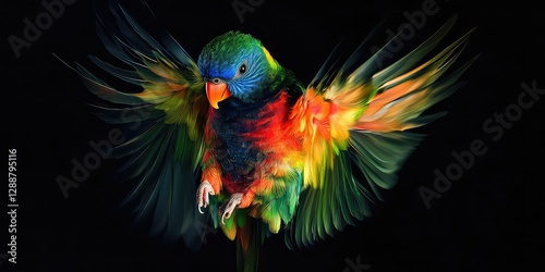 Lorikeet in rainbow hues, dynamically posed.