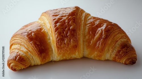 Freshly baked golden croissant resting on a smooth surface, showcasing flaky layers and texture