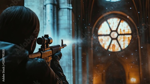 Person aims rifle, shots fired, old building backdrop.