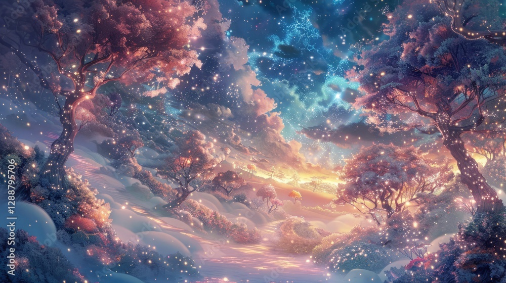 Fototapeta premium A magical sparkling imaginary world with shiny trees 