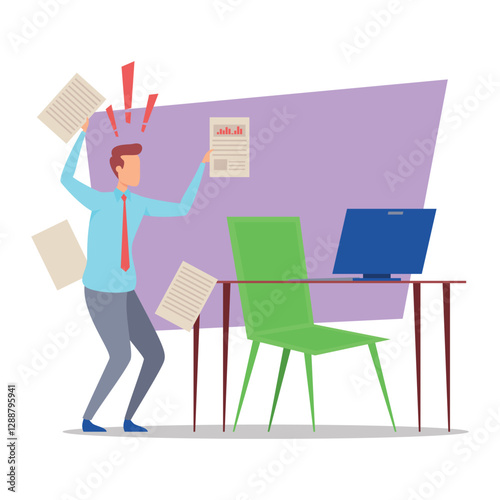 Employee frustrated, holding document in modern office standing at computer and chair. Busy workday concept