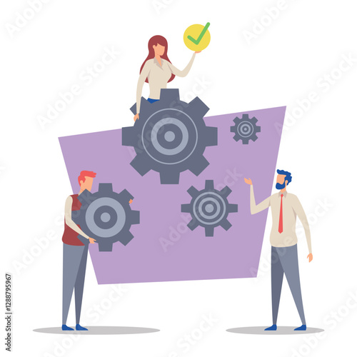 Two individuals working together in modern office, while third person overseeing their progress. Teamwork and productivity with gears symbolizing efficiency