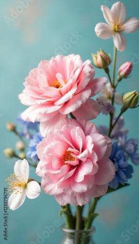 Delicate pink and blue floral bouquet, vintage style , retro, fabric