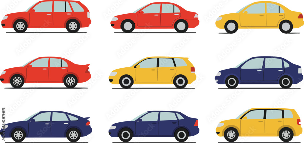 Collection of colorful cars arranged in a grid pattern showcasing different models and styles Collection of colorful cars arranged in a grid pattern showcasing different models and styles