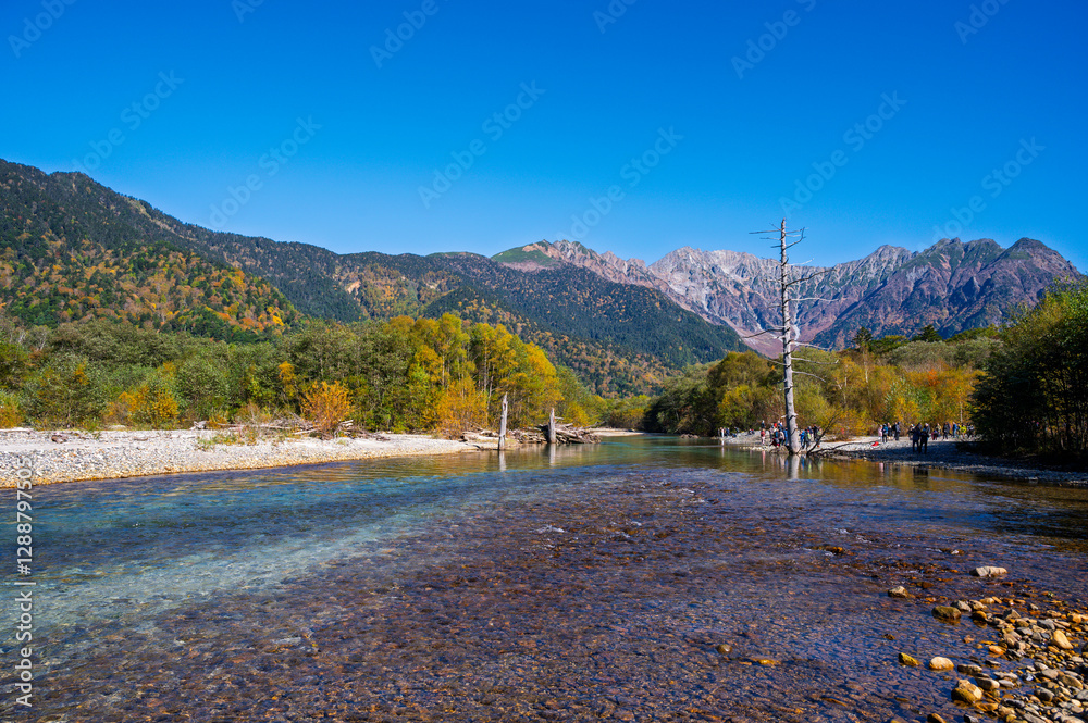 Autumn season of Kamikochi, Chubu-Sangaku National Park, Japan Beautiful mountain, Nature landscape at Kamikochi Japan, autumn in the Northern Japan Alps, Matsumoto, Nagano, Japan