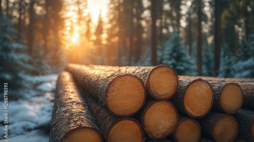 Winter logs stacked in snowy forest at sunset photo