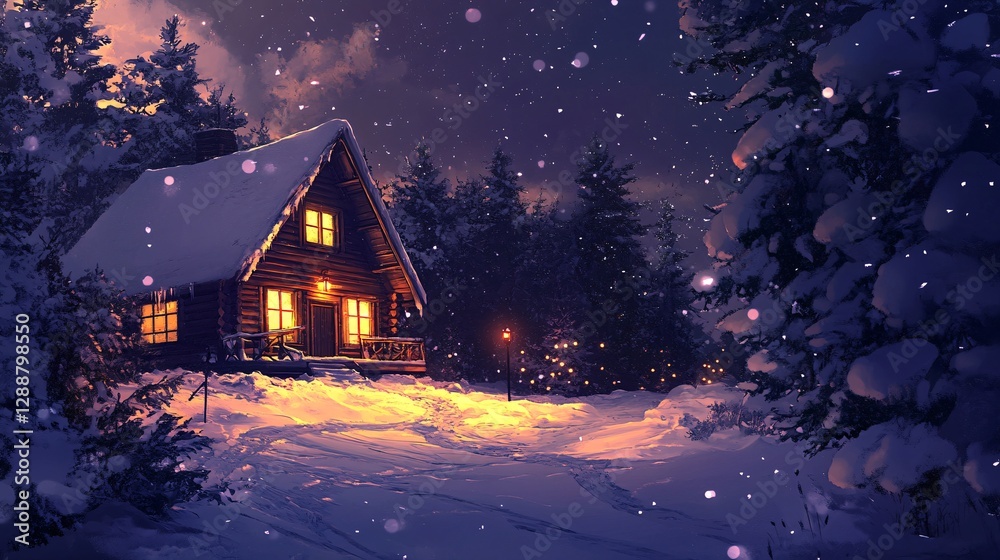 Fototapeta premium Lofi Anime Style Cozy Cabin Amidst a Snowy Winter Night