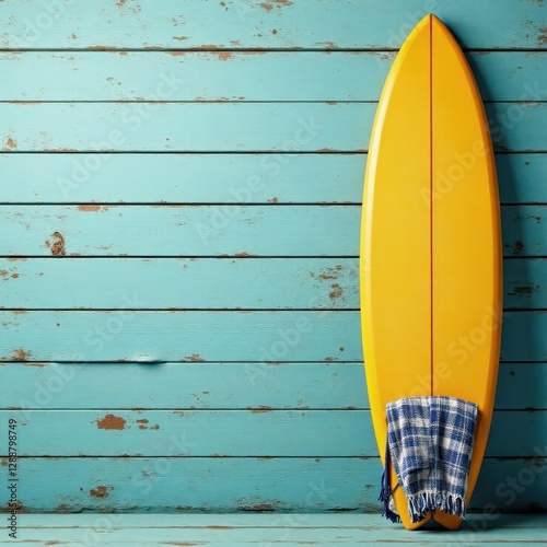 Vintage surfboard & beach towel on weathered wood , fabric, surfboard, design