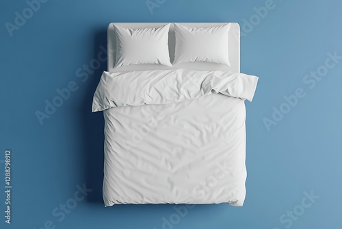 High-Angle View of a Blank White Bed with a Blue Wall