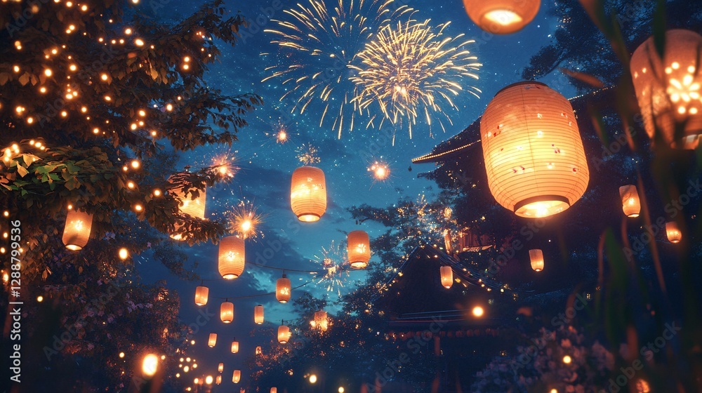 Obraz premium Summer Festival Under a Night Sky Illuminated by Fireworks and Paper Lanterns