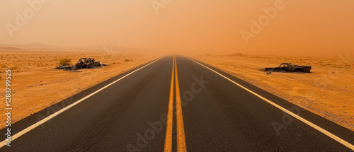 Earth demise Doomsday. Desert road disappearing into a dust storm with abandoned cars on the sides.