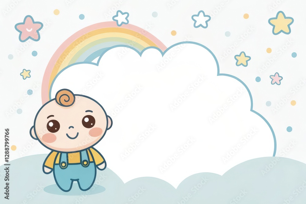 cute cartoon baby with a rainbow and clouds illustration cute cartoon baby with a rainbow and clouds illustration