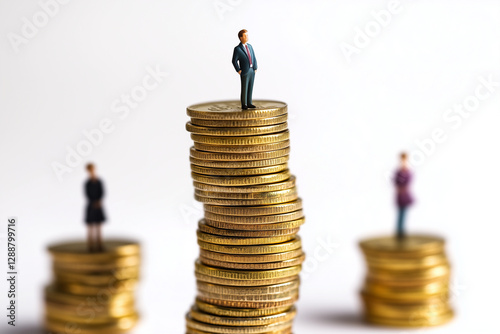 Miniature business figures standing on stacks of coins, symbolizing financial growth, success, and career advancement. Wealth, investment and corporate hierarchy concept. Sharp focus, clean background