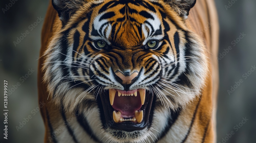 Naklejka premium A fierce tiger’s gaze locks eyes through an open maw, showcasing gleaming fangs. Its muscular torso exudes power and grace in a captivating close-up